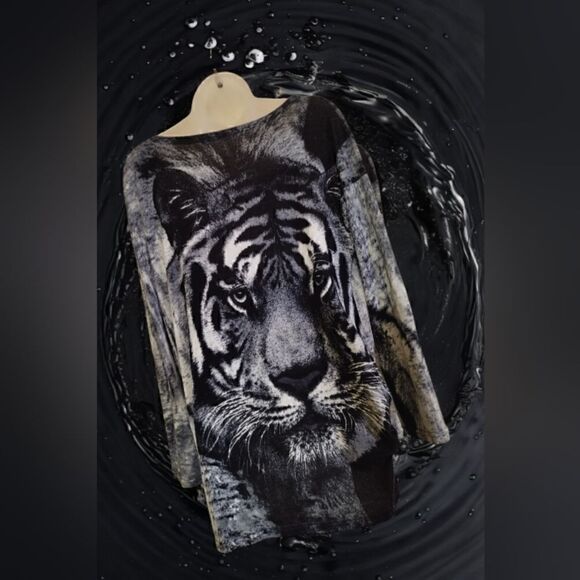 SWEATER with TIGER & RHINESTONE Whiskers SOFT! 2 sides rushed - Picture 11 of 14